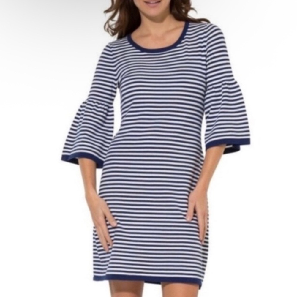 Sail to Sable Bell Sleeve Knit Dress Large Navy White Striped 3/4 nautical‎